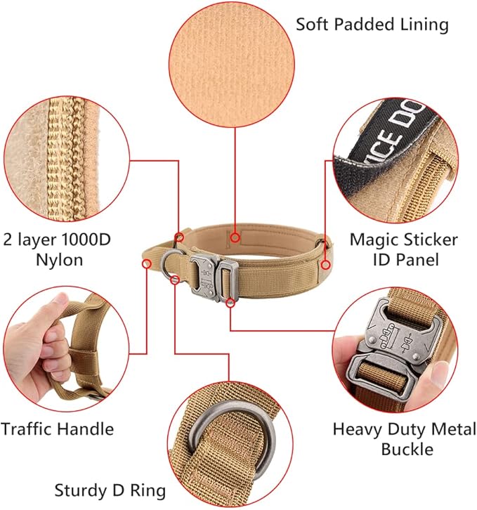 Tactical Dog Collar Adjustable Military Dog Collar Nylon Dog Collar with Control Handle Heavy Metal Buckle for Medium and Large Dogs with Airtags Case(XL, Brown-Set)