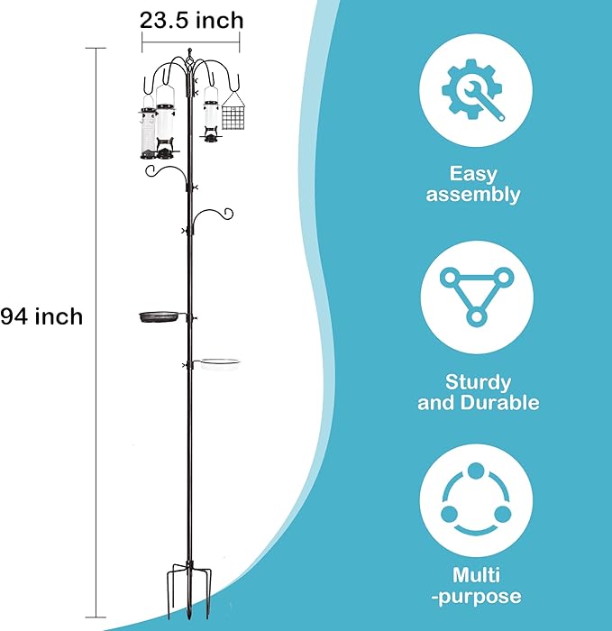 6-Hook Bird Feeding Station Kit, Wild Bird Feeder Stand Pole, Multi-Feeder Kit Stand with 4 Feeders, Bird Bath and Mesh Tray, 94 Inch