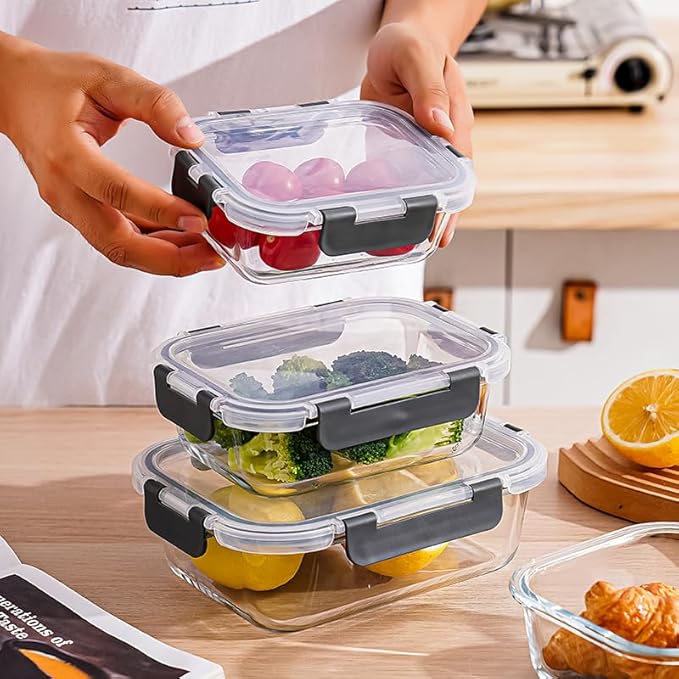 3 Sets Of Black Transparent Lid Glass Food Storage Container Set, Sealed And Reusable Kitchen Storage Container, Glass Lunch Preparation, Microwave Oven, Refrigerator, And Dishwasher