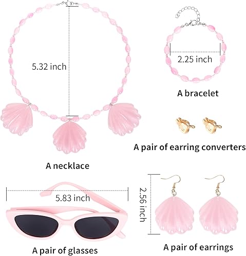 WeKen Women Pink Sunglasses+Shell Necklace+Pink Shell Shape Earrings+Pink Bracelet Set Costume Dress Up Accessories for Women 4 Piece (Wig not Included)