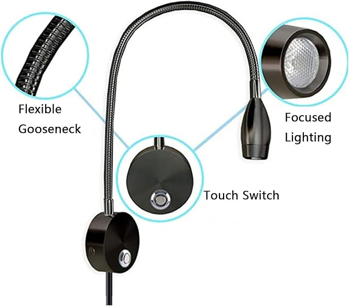 3W Gooseneck Hose LED Wall Light Hose Wall Light Bedroom Bedside Hose Small Spotlight Surface Mounted Universal Reading Light USB Dimmable Touch Wall Light (Color : Silver)