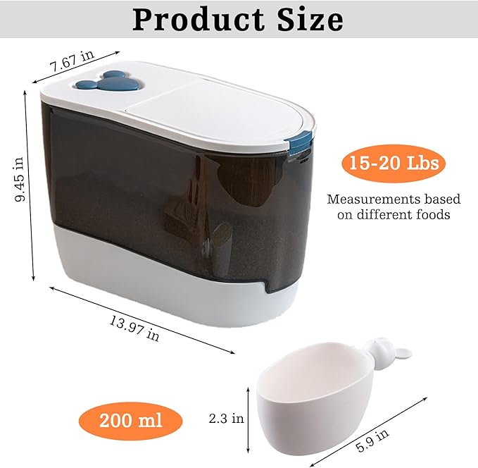 BNOSDM Cartoon Cat Food Storage Container 10-15 Lbs Dog Food Bin with Spring Lid and Cute Scoop, Plastic Pet Storage Container for Cat Dog Bird Dry Food (Blue)