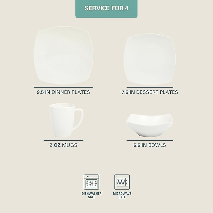 Gibson Home Zen Buffet Porcelain Chip and Scratch Resistant Dinnerware Plates, Bowls, and Mugs Set White (Square Dishes)