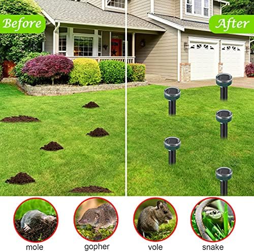 Mole Repellent Solar Powered Gopher Repellent Ultrasonic Solar Powered Sonic Mole Deterrent Stakes, Snake Groundhog Repellent for Yard, Garden, Lawn (4 Pack)