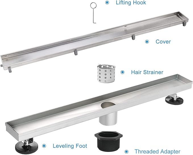 Linear Shower Drain, 72 inch Drain with 2-in-1 Tile Insert Cover, Brushed AISI 304 Stainless Steel Shower Floor Drain with Hair Catcher and Adjustable Feet