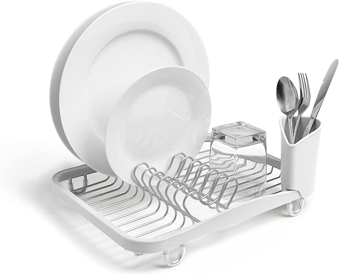 Umbra Sinkin Dish Drying Rack Drainer Caddy with Removable Cutlery Holder Use In Sink or On Counter, Standard, WhiteNickel