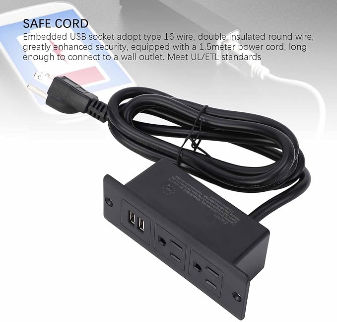 Recessed Power Strip Desktop 2 AC Outlets 2 USB Ports Embedded Design for Furniture Space Saving 1.5m Cord US Plug 125V for Furniture Installation (Black)