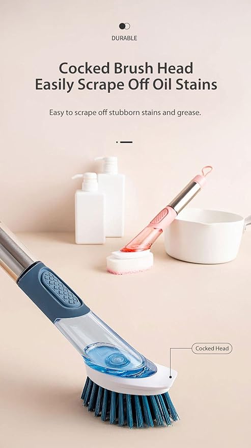 The Blue Soap Dispenser Dish Brush includes 2 refills: Stainless Steel TPR and Sponge Bristles, Long Handle and Dishwashing Cleaning Brush, Safe Non-Stick (Blue)