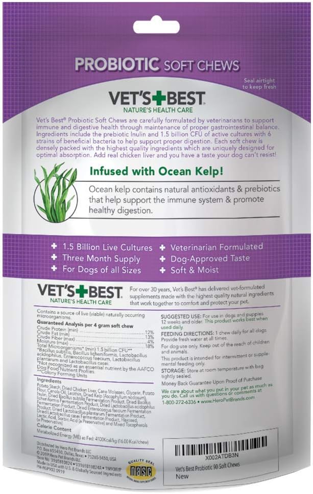 Vets Best Probiotic Soft Chews for Dogs Daily Digestive Support Supplement with Prebiotics for Gut Health Natural Dog Chews for Healthy Digestion and Immunity 90 Count