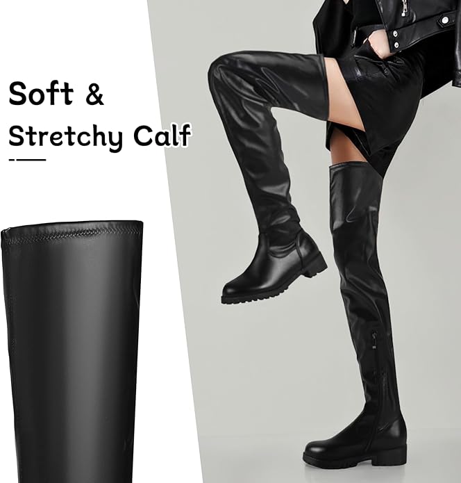 Black Thigh High Boots for Women - Trendy Over the Knee High Boots with Inner Zipper Long Calf Fashion Skinny Punk Boot Knight Style for Party Prom