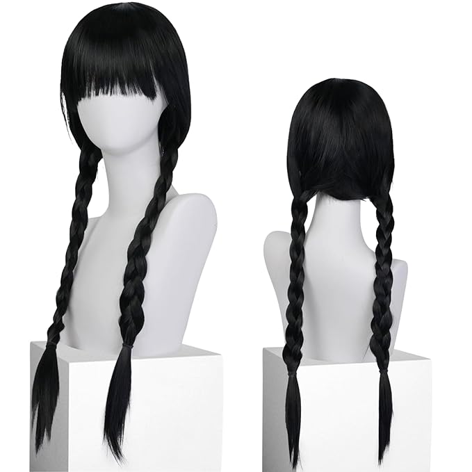 Wednesday Wig Black Cosplay Wig for Women Black Two Braids Wig for Halloween Costume Black Wig with Bangs Long Black Costume Wig for Party