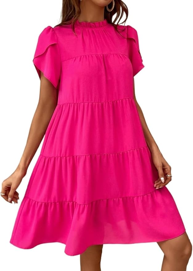 METOES Women's Summer Short Sleeve Short Dress Ruffle Hem Dress