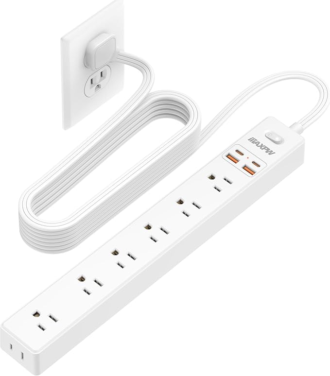 10-foot surge protection power strip, 7 outlets, 4 USB ports (2 USB C), ultra-thin flat extension cord and flat plug, 1700 joules, wall mount, charging station