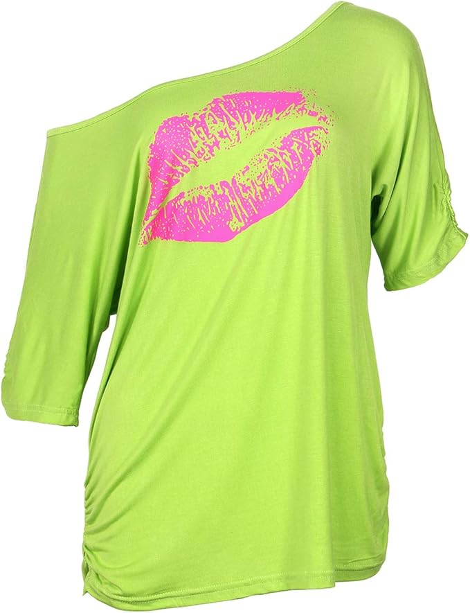 Smile Fish Women Casual Oversized Sexy Lips Print Off Shoulder T-Shirt