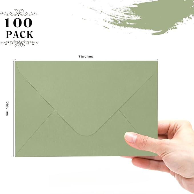 A7 Sage Green Envelopes 100 Pack, Goefun 5x7 V Flap Printable Envelopes for Invitation, Gift Cards, Birthday, Graduation, 5.25 x 7.25 in, 120GSM