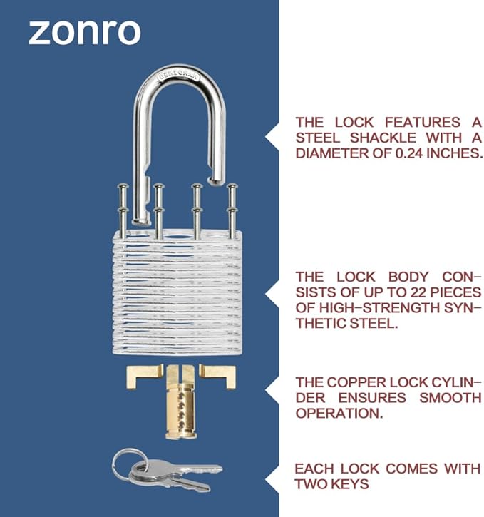 ZonRo Locks Laminated Steel Keyed Padlocks Keyed Alike Locks, Long Shackle Padlocks, for Hasp Latch, Sheds, Fences, Storage Locker, School, Gym,Pack of 6