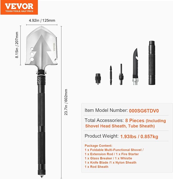 VEVOR Survival Shovel - 8 in 1 Camping Shovel Folding Multitool, Military Grade Portable Compact Tactical Shovel, Multifunction for Off-Roading, Camping, Hiking, Outdoor, Survivalist and Emergency
