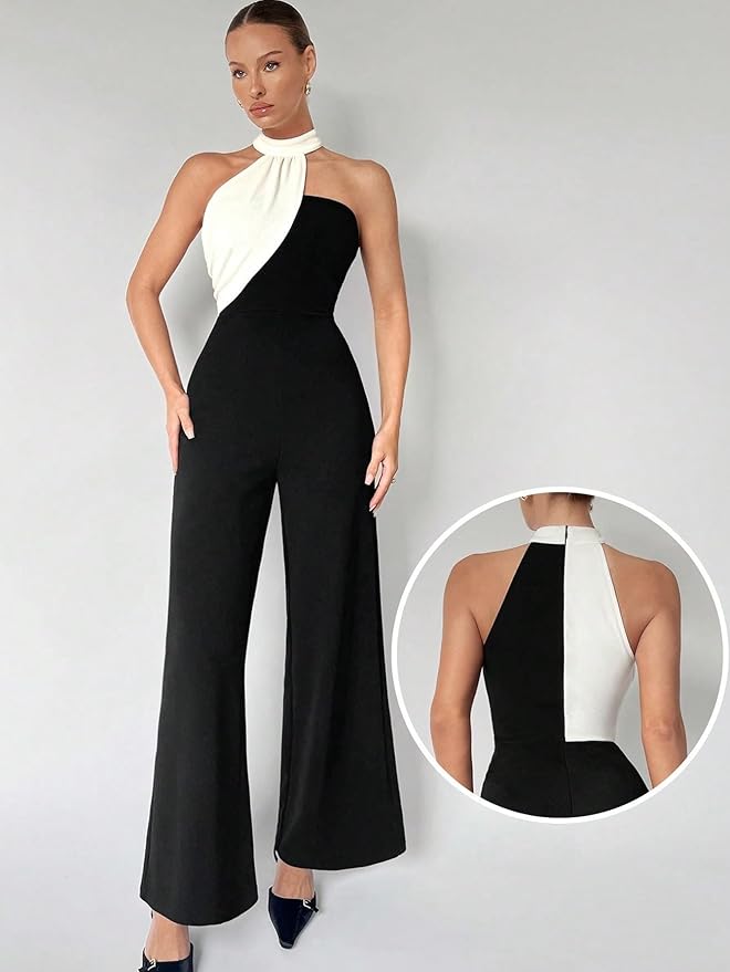 Women's 2024 Casual Long Jumpsuit Sleeveless Colorblock Asymmetrical Halter Jumpsuit