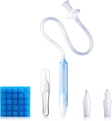 Baby Nasal Aspirator Nasal Congestion Relief with 25 Hygiene Filters 2 Silicone Tips with Nose Cleaning Tweezer, Blue