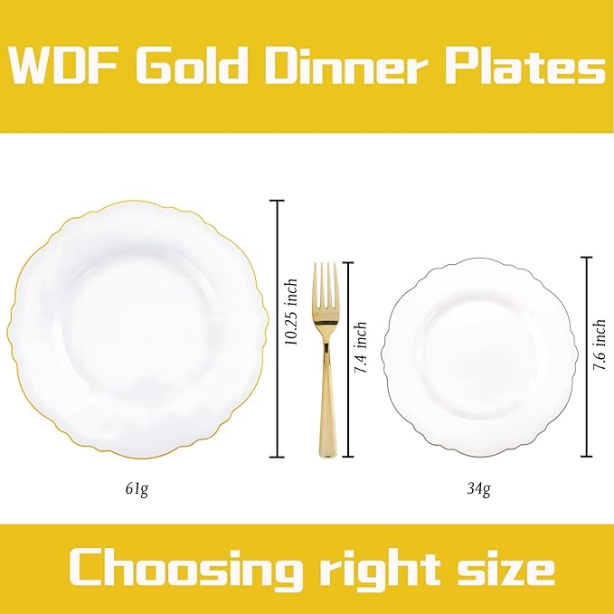 WDF 60pcs Gold Plastic Plates Gold Rimmed Plastic Plates -10.25inch Baroque White And Gold Plastic Wedding Plates Disposable Dinner Plates for Upscale Parties &Wedding