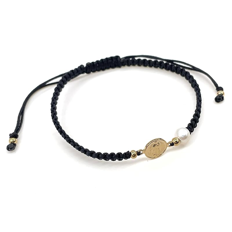 Our Lady of Guadalupe Medal and Dainty Cultured Fresh Father Pearl Adjustable Red String Bracelet Pulsera de la Virgen de Guadalupe para Mujeres (Black)