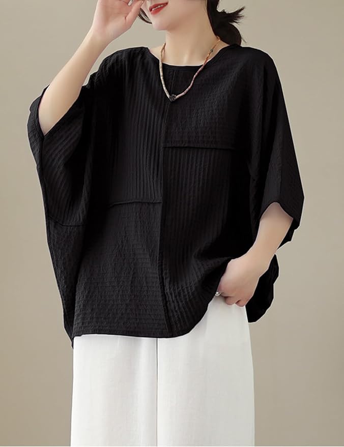 Women's Loose Cotton Linen T-Shirt Short Sleeve Tops Round Neck Bat Shirt Solid Colour Shirt