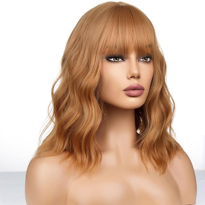 Strawberry Blonde Wig Short Bob Wig Short Curly Wavy Wig With Bangs for Women Girls Blonde Wig Heat Resistant Synthetic Hair Wigs for Daily Use Cosplay Wig With Wig Cap