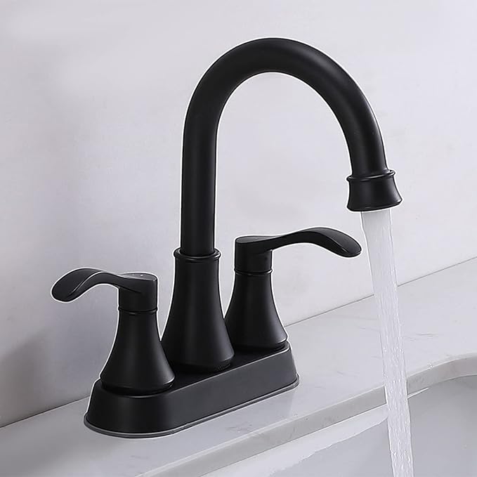Matte Black Bathroom Sink Faucet, 2-Handle 4 Inch Centerset Lead-Free Modern Commercial, 360 Swivel High-Arc Spout Lavatory Vanity Faucets Set for Bathroom Sink with Pop-up Drain Water Hoses