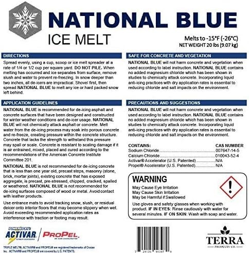 National Blue Ice Melt 20lb Bucket - Fast Acting Ice Melter - Pet, Plant and Concrete Friendly, Environmentally Safe - Free of Magnesium Chloride - Melts to -15°F
