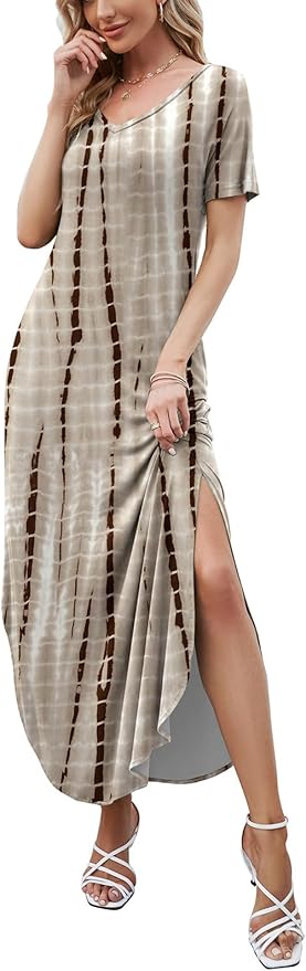 HUSKARY Women's Summer Maxi Dress Casual Loose Pockets Long Dress Short Sleeve Split Maxi Dresses