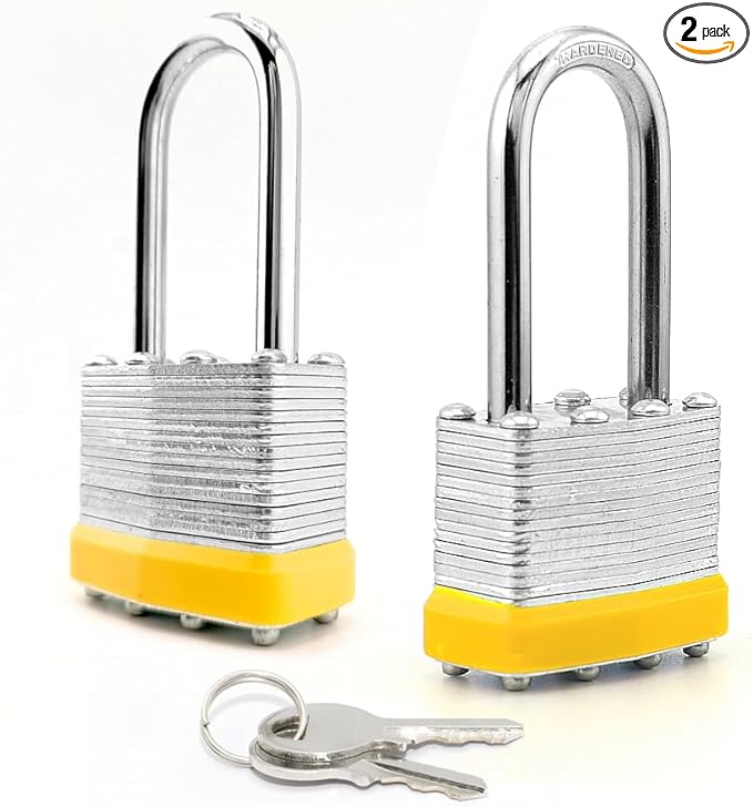 Lock Laminated keyed Padlock (1-916", 40mm), keyed Alike Locks, Long Shackle,Marked Yellow Plastic Hoop, Pack of 2