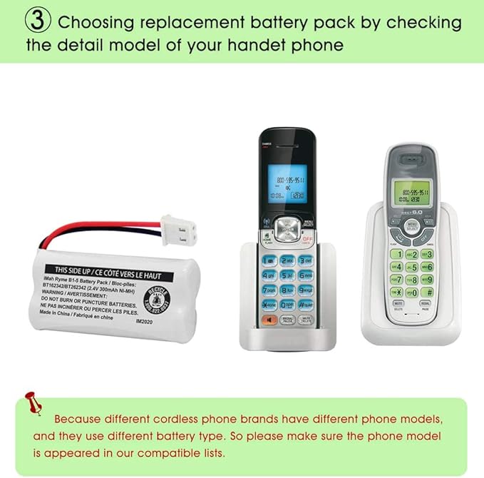 iMah BT162342BT262342 2.4V 300mAh Ni-MH Cordless Phone Battery Pack, Also Compatible with BT183342BT283342 ATT EL52351 TL90070 VTech CS5119 DS6511 DS6722 LS6305 Handset, 2-Pack