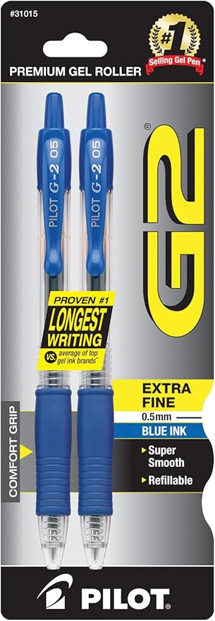 Pilot, G2 Premium Gel Roller Pens, Extra Fine Point 0.5 mm, Pack of 2, Blue