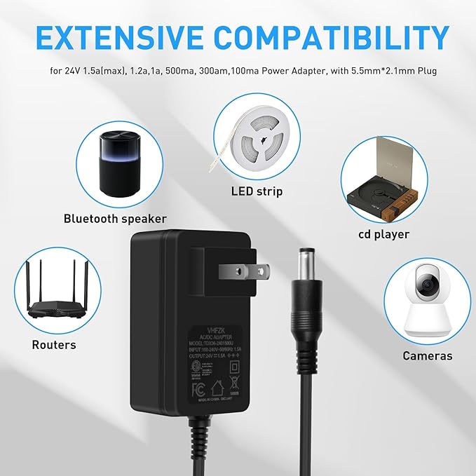 12V 2A Power Adapter 100V-240V AC to DC, with 5.5mm 2.1mm Plug, Suitable for 12Volt LED Light Strips, Closed-Circuit Television Cameras, Routers,Infrared Lighting Fixtures.