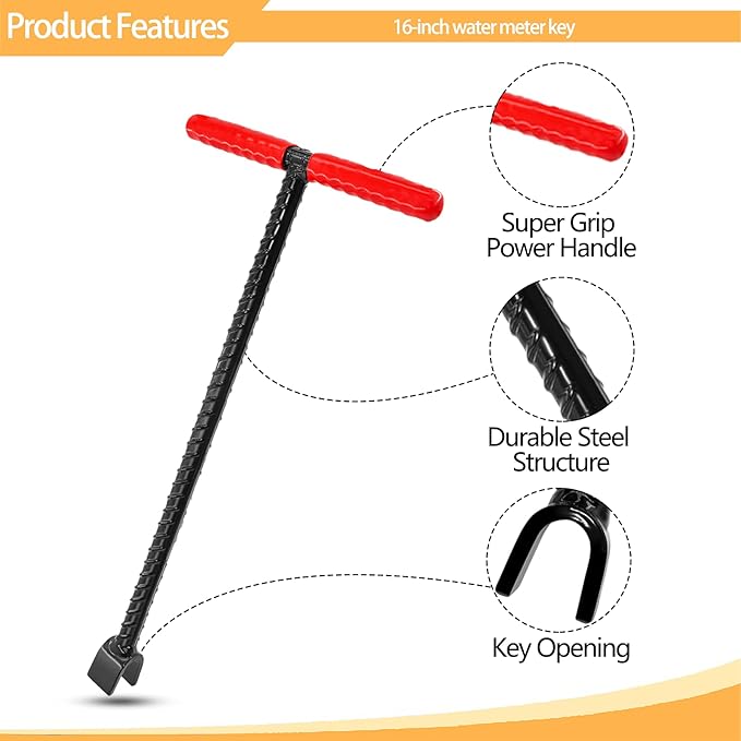16 Inch Water Meter Key with 4 Way Multi-functional Water Utilities Key Contractor Grade Valve Shutoff Key Tool for Main Water Meter