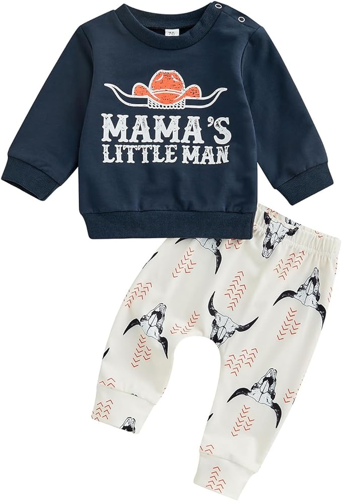 SAYOO Western Baby Boy Clothes Cow Print Sweatshirt Pullover Top Jogger Pants 2Pcs Toddler Boy Cowboy Fall Winter Outfits
