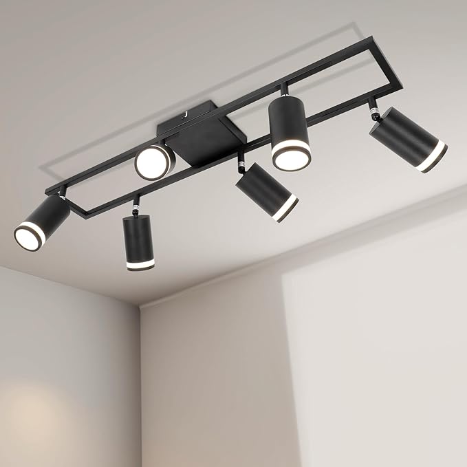 6-Light Track Lighting Fixtures Ceiling, GU10 Black Led Ceiling Spotlight, Modern Track Light Kit for Kitchen Hallway Living Room