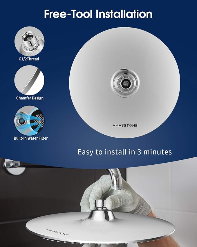 Large Shower Head VMASSTONE 9In High Pressure Showerhead - Tool Free Installation- with Large Spray Surfaces and 200 Nozzles for Delicate and Unstimulate Shower Experience (EM-001 ChromeDark Grey)
