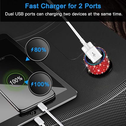 OTOSTAR Dual USB Car Charger, 4.8A Output, Bling Crystal Diamond Car Decorations Accessories Fast Charging Adapter for iPhones Android iOS, Samsung Galaxy, LG, Nexus, HTC (Red)