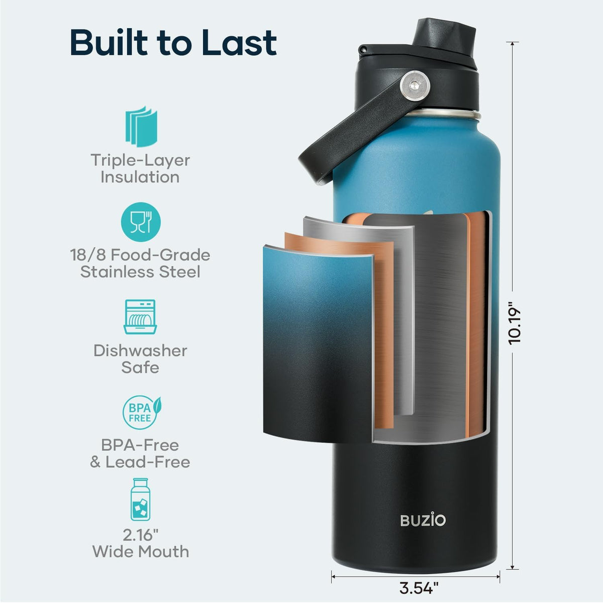 BUZIO Water Bottle with Straw Lid and Flex Cap, 40oz Double Vacuum Stainless Steel Water Flask, Cold for 48 Hrs Hot for 24 Hrs Simple Thermo Canteen Mug, Indigo Black