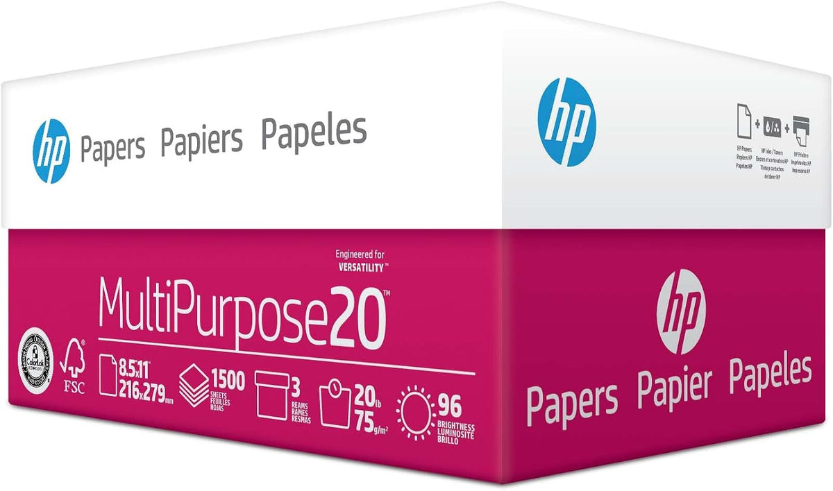 HP Multipurpose Printer Paper, 8.5 x 11, 20 lb, 96 Bright, 3 Ream Case