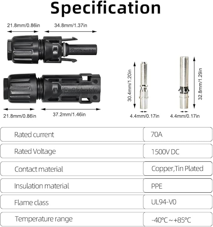 8AWG Solar Panel Connectors IP68 Waterproof 1500V 70A Solid Tinned Copper Terminal Black 5 Pairs for Solar PV Cable(10mm2)