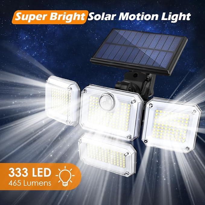 Solar Outdoor Lights with Motion Sensor, 333 LEDs Wide Angle Solar Lights,1200LM 3 Modes Solar Lights 270°,7700K Daylight White Remote Control IP65 Waterproof Wall Light for Garage, Yard
