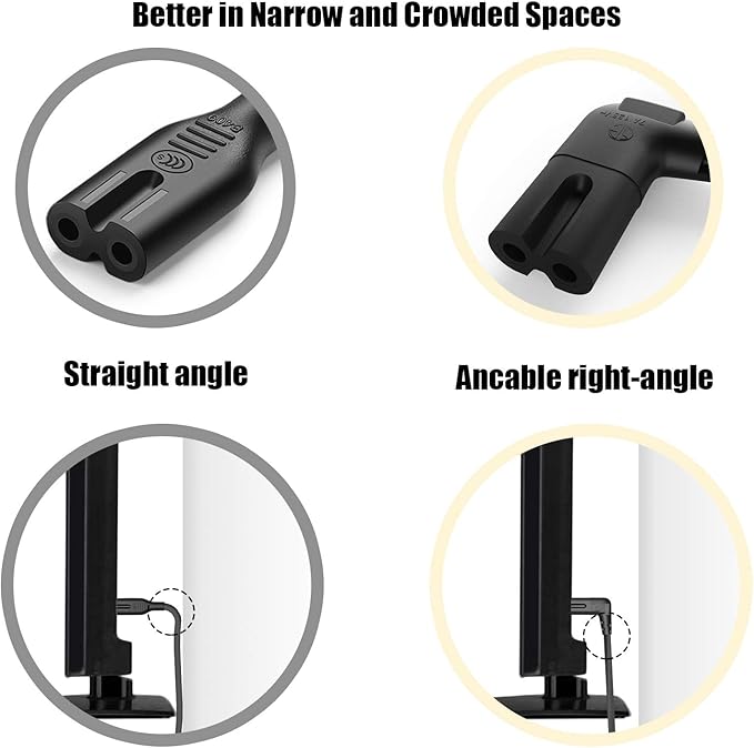 Ancable - Right angle TV power cable, pack of 2 units of 6 feet 18 AWG 90 degrees in angle of 2 L-shaped slots C7 for Samsung Philips, Toshiba, LG, Sony, Sharp,