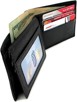 RFID Blocking Genuine Top Grain Leather Men's Wallet Bifold ID Window 8 Credit Card Slot -BLACK