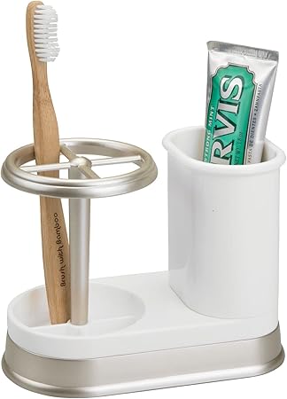 mDesign Decorative Bathroom Dental Storage Organizer Holder Stand for Electric Spin ToothbrushToothpaste - Compact Design for Countertop and Vanity, Holds 4 Standard Brushes - WhiteMatte Satin