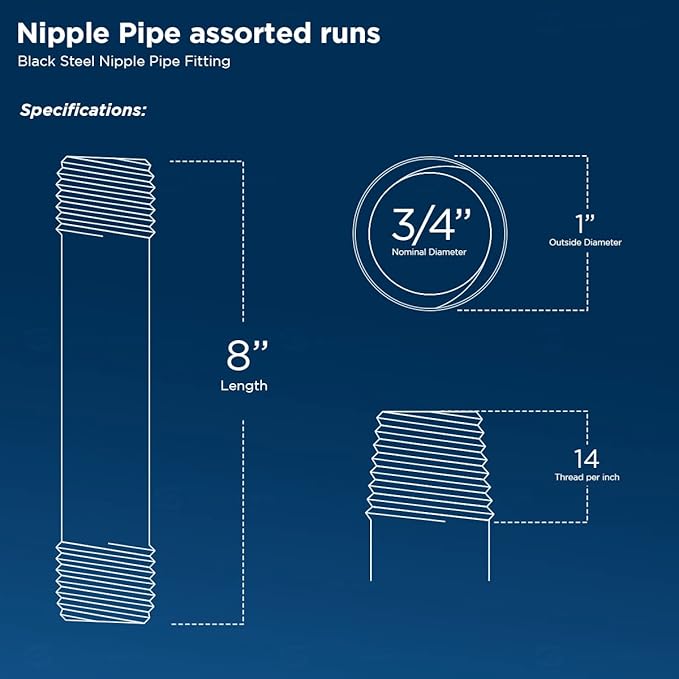 SupplyGiant 3/4 x 8 Inch Steel Black Pipe (4-Pack), Heavy Duty Industrial Malleable Steel Pipes, 3/4" x 8" Pre Cut Threaded Nipple Connector For All DIY Furniture And Black Pipe Shelving