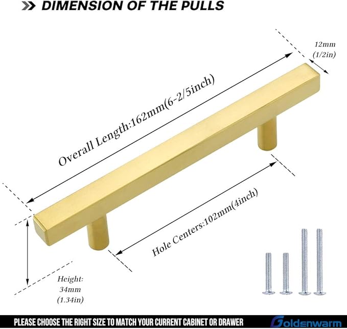 goldenwarm Gold Cabinet Pulls Brushed Brass Kitchen Cabinet Handles 2Pack - LS1212GD102 Square Gold Drawer Pulls for Dresser Modern Hardware 4in(102mm) Hole Center