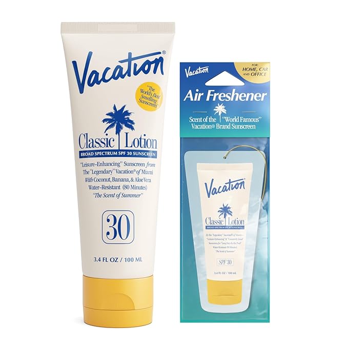 Vacation Classic Sunscreen Lotion SPF 30 Air Freshener Bundle, Water-Resistant, Lightweight, Transparent on All Skin Tones, Dermatologist-Tested, Vegan, Travel Size, 3.4 Fl. Oz.