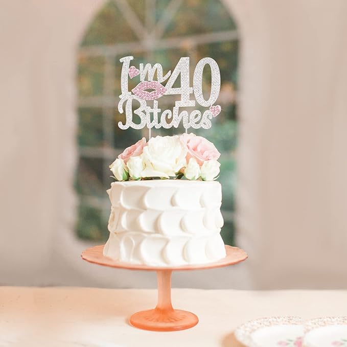 I'm 40th Funny Birthday Pink Rhinestone Cake Topper - Happy 40th Birthday Cheers to 40 Years Old Forty Bday Party Metal Sparkly Food Centerpieces Topper Decorations Sign.